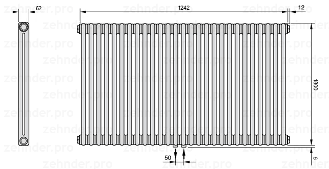 Схема (чертеж) Радиатор Zehnder Charleston 2180/27 №5410 Белый глянцевый RAL 9016